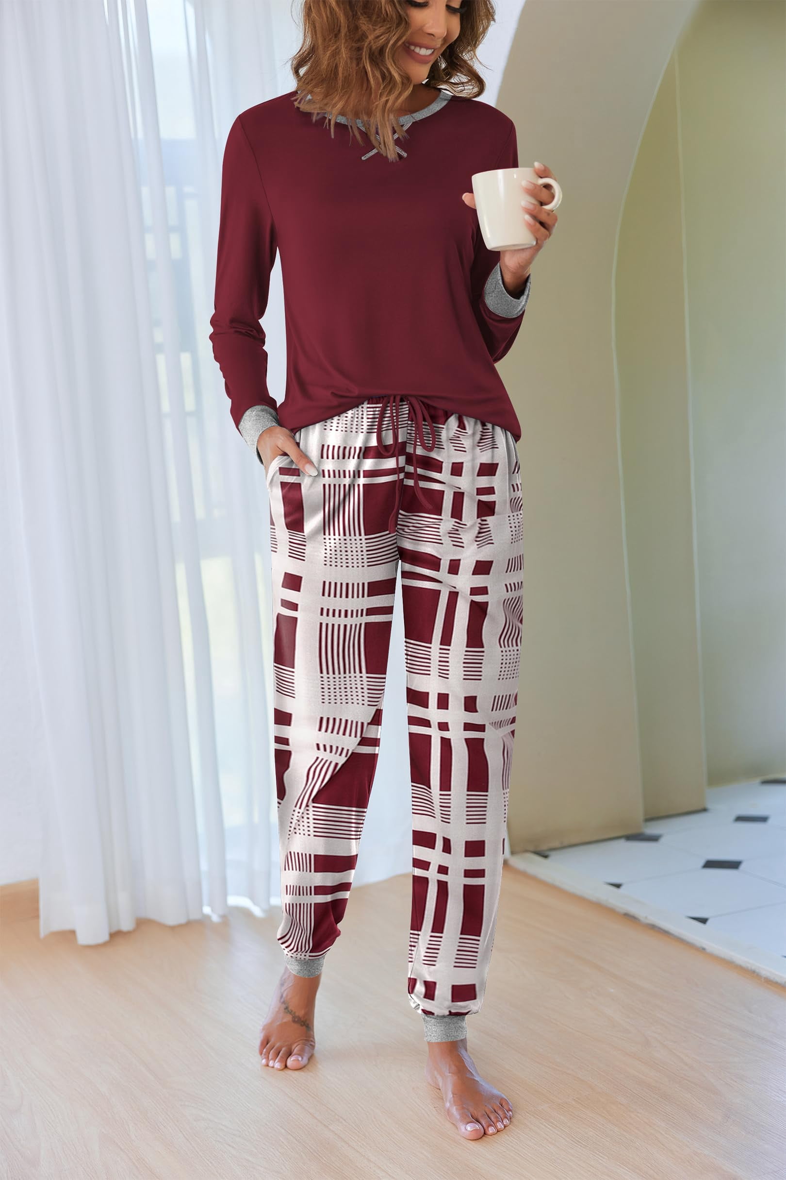 KISSGAL Women Pajama Sets with Pocket Comfy Long Sleeve Pajama with Plaid Jogger Pants Lounge Sets Crew Neck Soft Christmas Sleepwear