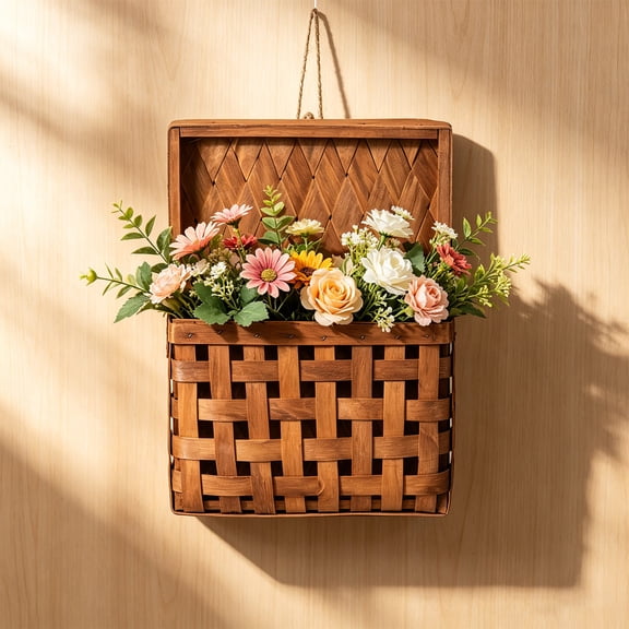 Hand Woven Wood Wall Hanging Basket, Farmhouse Wall Mount Storage Organizer, 14.17x10.63x1.57 Inch Handcrafted Woven Basket With Jute Cord For Kitchen Entryway Bedroom Wall Decor
