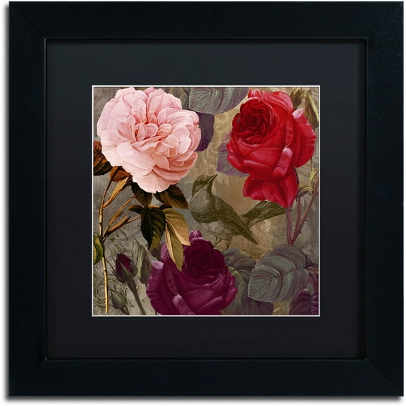 Trademark Fine Art "Birds and Roses" Canvas Art by Color Bakery Black Matte, Black Frame