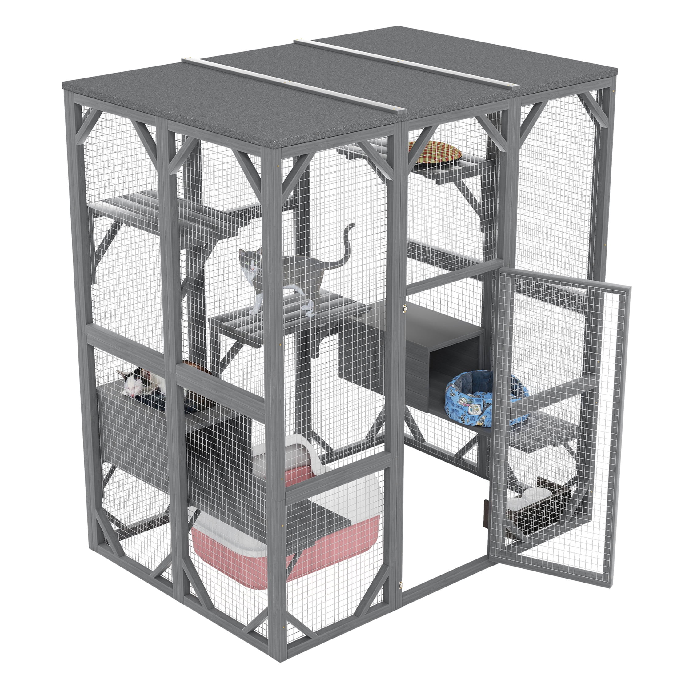 Noble House Large Outdoor Cat Enclosure, Wood Cat House with 6 Platforms & Lockable Doors for Patio Garden, Gray