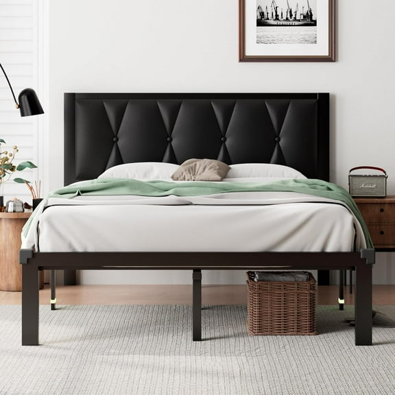 iPormis Full Size Metal Platform Bed Frame,Faux Leather Button Tufted Headboard&12" Underbed Storage,  No Box Spring Needed, Easy Assembly, Black