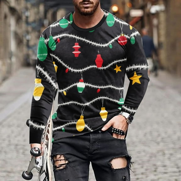 Brondbend Clothing for Men Christmas Man Shirt Long Sleeve Crewneck Pullover Printed Comfy Relaxed Blouse Loose Holiday Clothes Black
