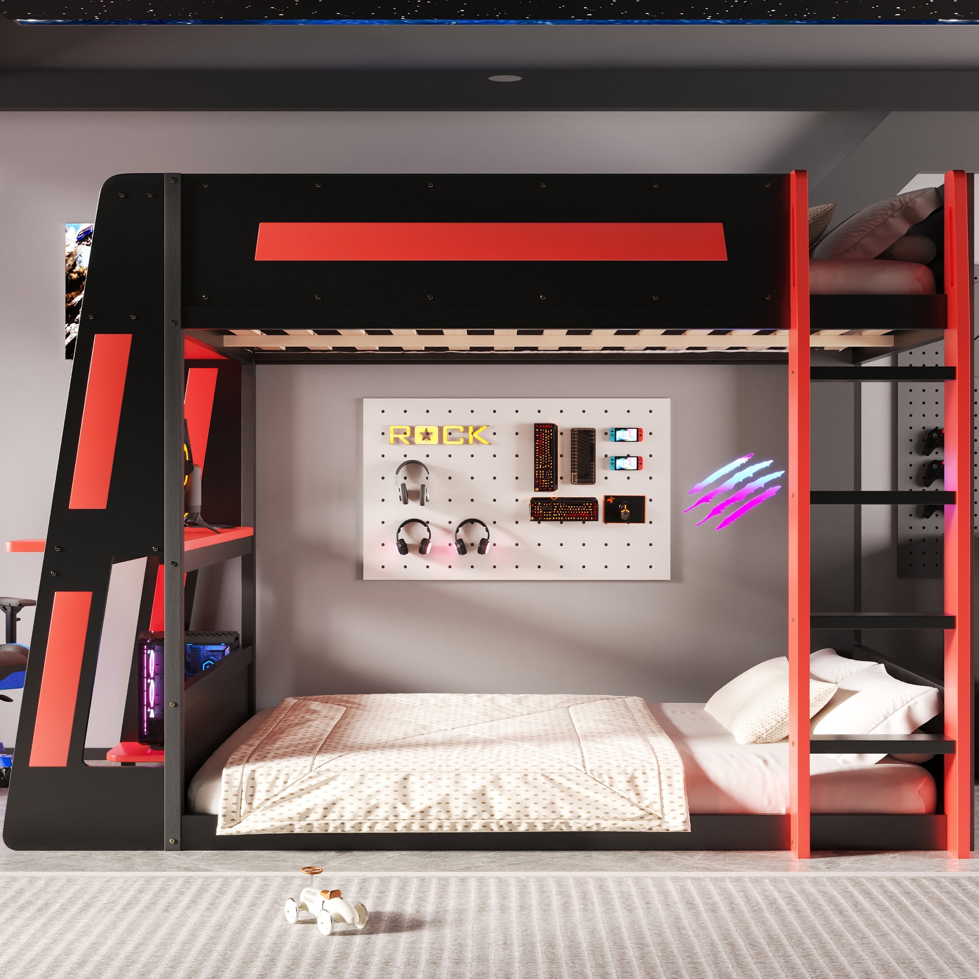 Euroco Wood Full over Full Size Bunk Bed with Shelves, Gaming Bed with Desk, USB Charging and LED Light, Black&Red