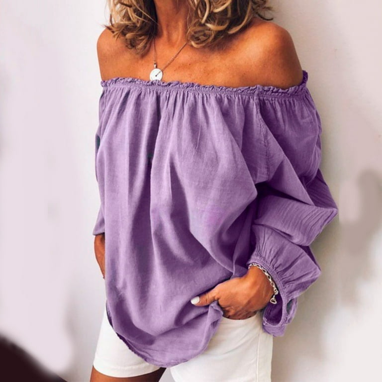 TULUDA Womens Casual Crew Neck Long Sleeve Pleated Tops Blouses Fashion Clothes T Shirts Solid Dressy Blouses and Shirts Basic Tops Loose T Shirts Purple Size M Walmart