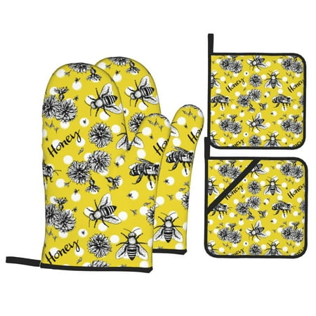 

Oven Mitts and Pot Holders 4 pcs Set Honeybee Heat Resistant Pot Holders Oven Mitts for kitchen Non-Slip Hanging Loop Oven Glove Potholders for Baking Cooking