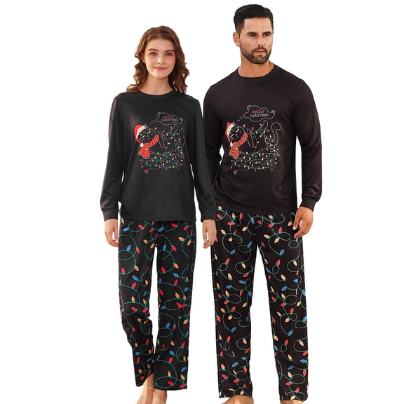 Fanient Christmas Pajama Set for Men and Women Matching Couples Holiday Sleepwear Long Sleeve Top and Printed Pants M-2XL