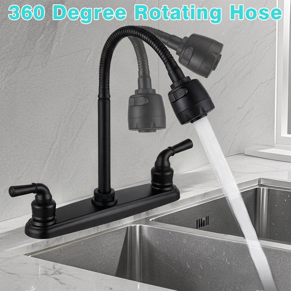 RV Kitchen Faucet, Non-Metallic Camper Kitchen Sink Faucet 8 Inch 2 Hole Double Handles with Flexible Arch 360 Degree Rotatable Spout for Campers, Motorhome, Travel Trailer, Black