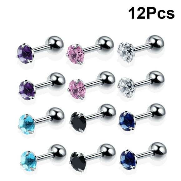 Milisten 12pcs Stainless Steel Barbell Ear Cartilage Tragus Helix Stud Earring Piercing Surgical Steel Zircon Multicolor Ear Studs (Assorted Color)