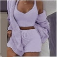 thumbnail image 2 of Miluxas Womens Fuzzy Warm Sherpa Fleece 3 Piece Outfit Fleece Coat Jacket Outwear and Spaghetti Strap Crop Top Shorts Set Purple M(M), 2 of 6