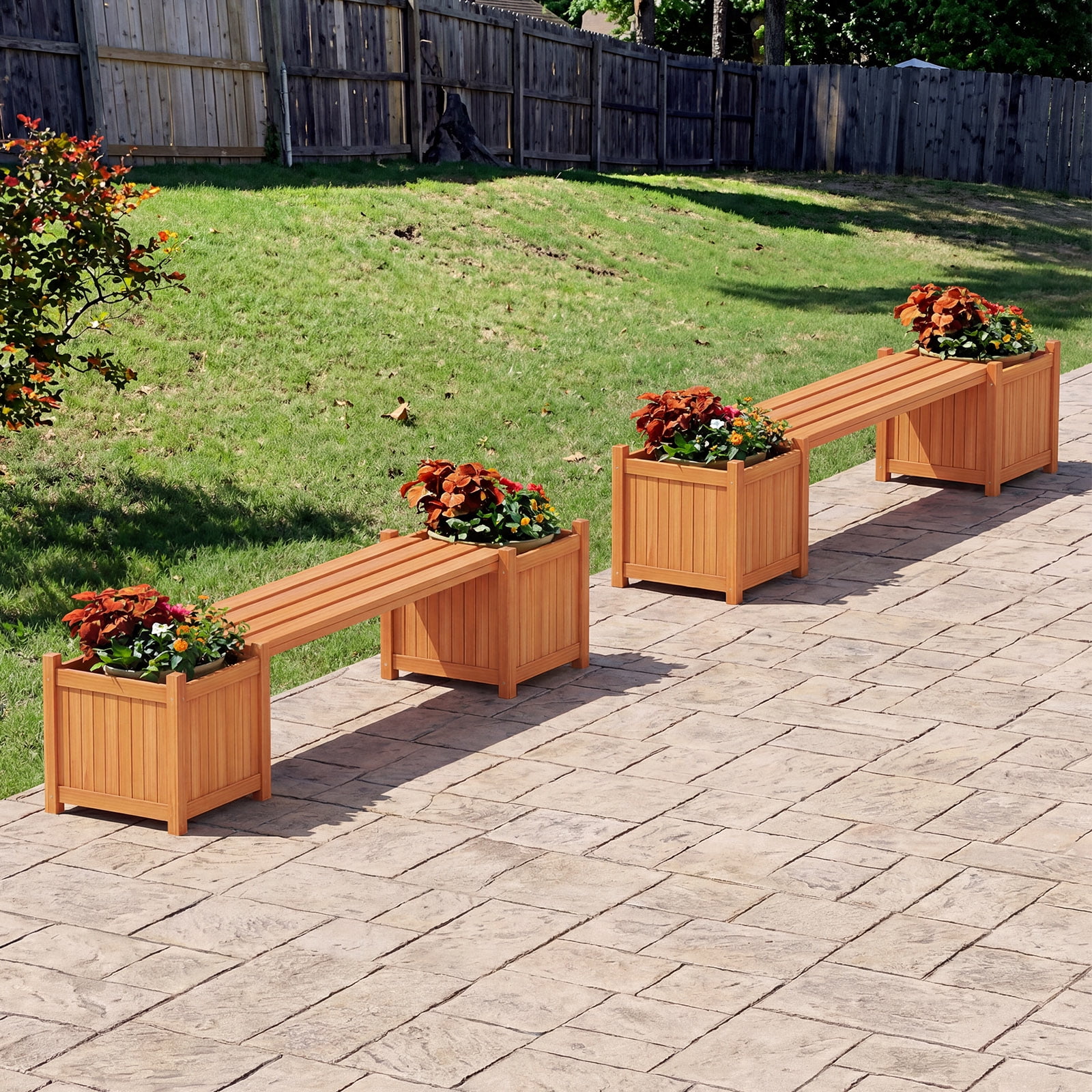 Gymax Wood Outdoor Planter Boxes w/ Detachable Bench 2 Elevated Mini Planters Patio