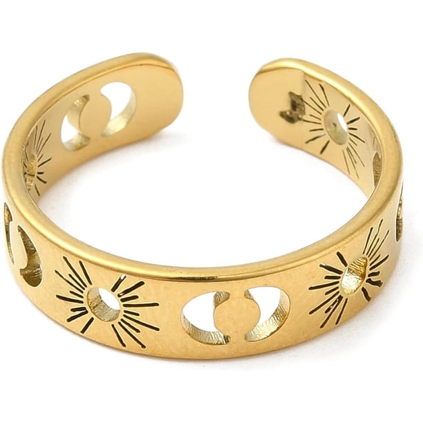 2 anillos abiertos de acero inoxidable 304 con diseño de sol y luna, dorados, talla 6 (16,5 mm)