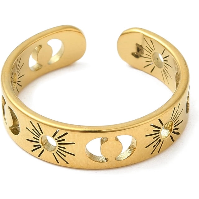 2 anillos abiertos de acero inoxidable 304 con diseño de sol y luna, dorados, talla 6 (16,5 mm)