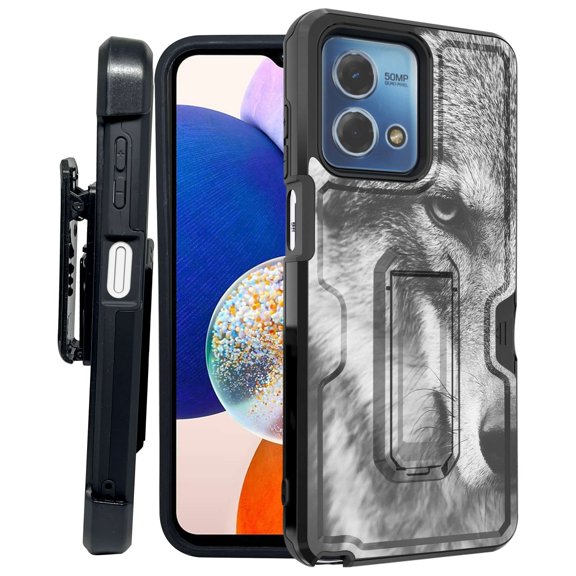 ANJ  Rugged Shockproof Kickstand Hybrid Case with Card Slot and Holster   Tempered Glass Cover for Motorola Moto G Stylus 5G (2023) - Half Face Wolf