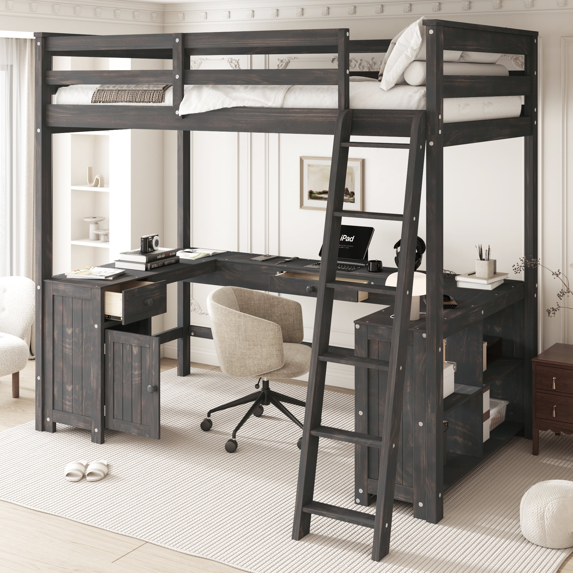 Euroco Wood Full Size Loft Bed with Desk and Shelves, Antique Brown