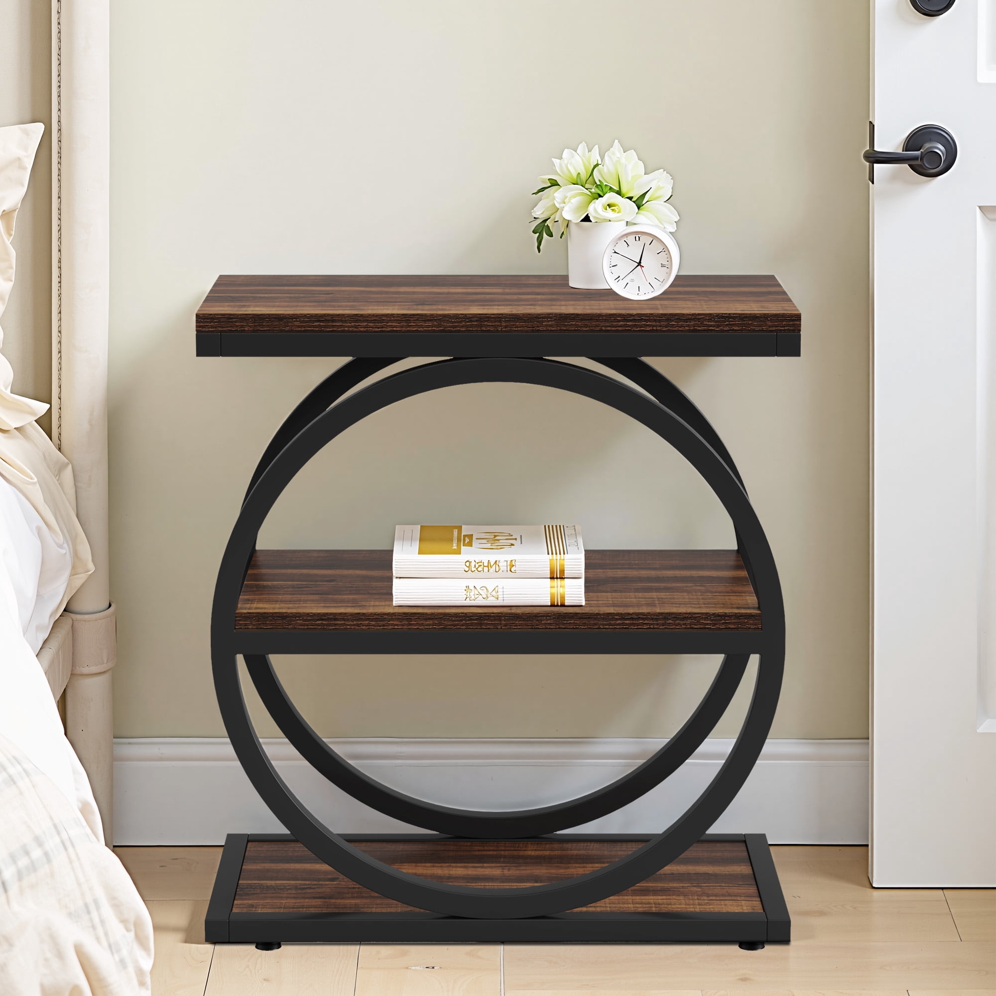 MAYEERTY Industrial 3-Tier Side Table, Slim End Table with Round Metal Frame, Suitable for Living Room, Bedroom and Outdoor Spaces