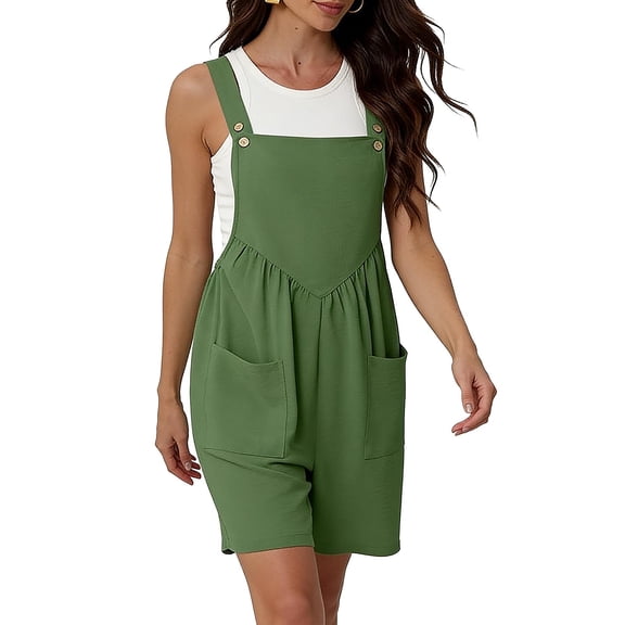 Karight Women's Sleeveless Short Overalls with Pockets Button Strap Casual Loose Fit Romper for Summer
