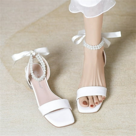 

LIANGP Women s Sandals Pearl Strap Bridal Sandals Chunky High Heel Strap Sandals Stiletto Sandals High Heel Sandals Bridal Shoes Women s Shoes Beige Size 9.5