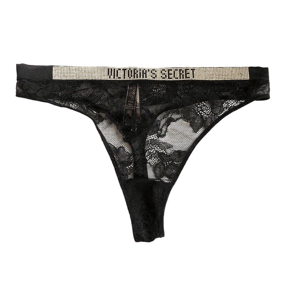 Victoria's Secret Very Sexy Shine Rhinestone Band Mid-rise Thong Black Lace Size Medium NWT