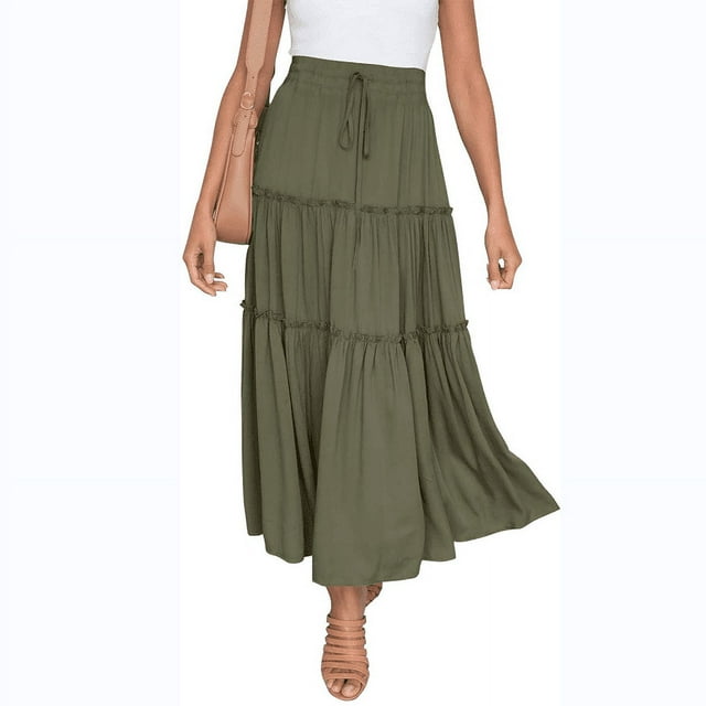 X Womens Solid Maxi Skirt Layered Tiered Ruffled Drawstring High Waist Maxi Skirt Petite/Plus