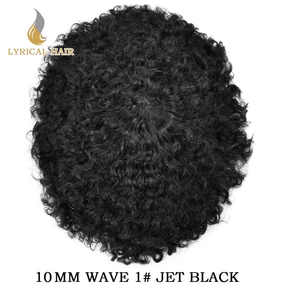 Lyricalhair Toupee for Men 10MM Kinky Curly Hairpieces for Man Brazilian Human Hair Replacement System Full PU Hair Units for African American Mens Wig Male Hair Prosthesis #1 Jet Black