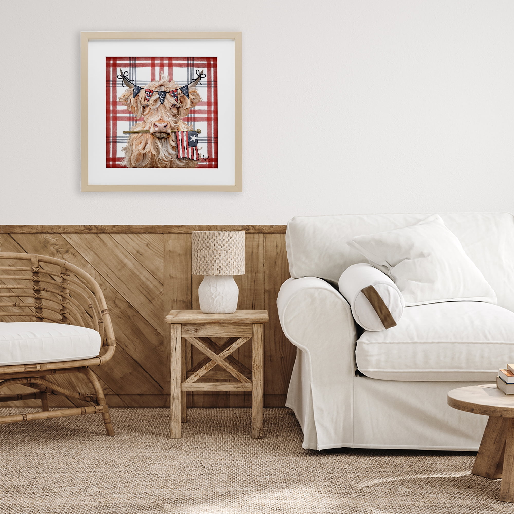 USA Plaid Highland Cattle Birch Framed Print Under Glass, design by Ashley Bradley