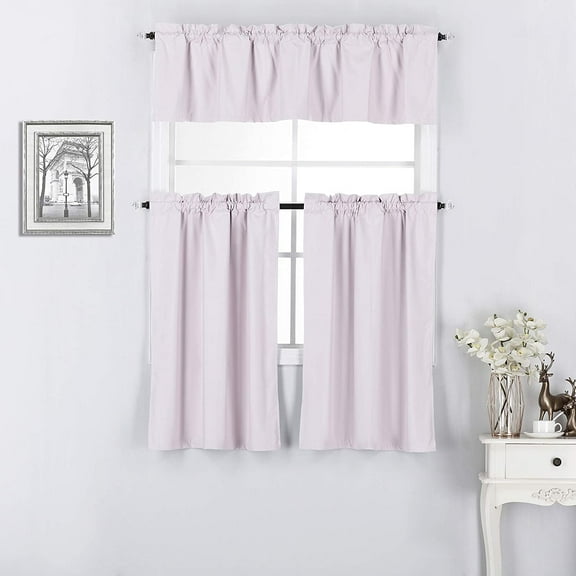 3 Piece 100% Blackout Insulated Kitchen Décor Window Treatment Curtain Panel Tiers and Valance Set - 36 inch Long Tiers and 14" inch Long Valance, Light Pink