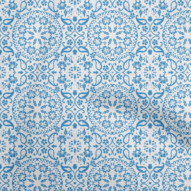 oneOone Polyester Spandex Medium Blue Fabric Asian Block Floral Sewing Craft Projects Fabric Prints By Yard 56 Inch Wide