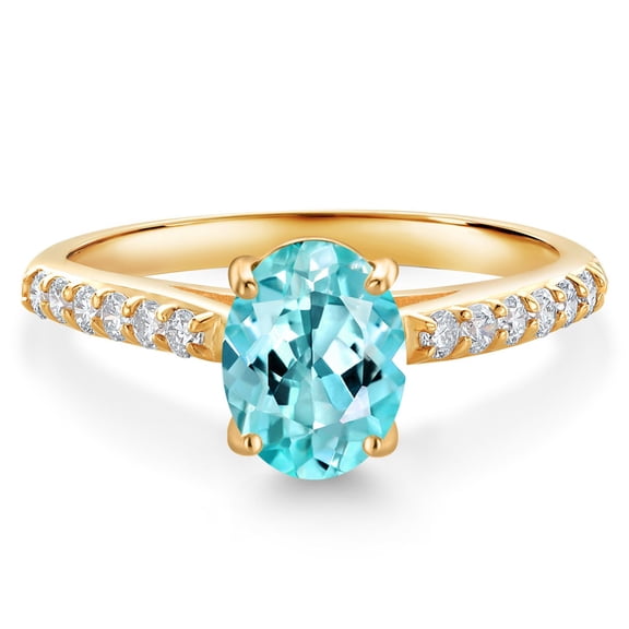 Gem Stone King 10K Yellow Gold Blue Apatite and White Lab Grown Diamond Engagement Ring for Women (1.38 Cttw, Oval 8X6MM, Gemstone Birthstone, Size 6)
