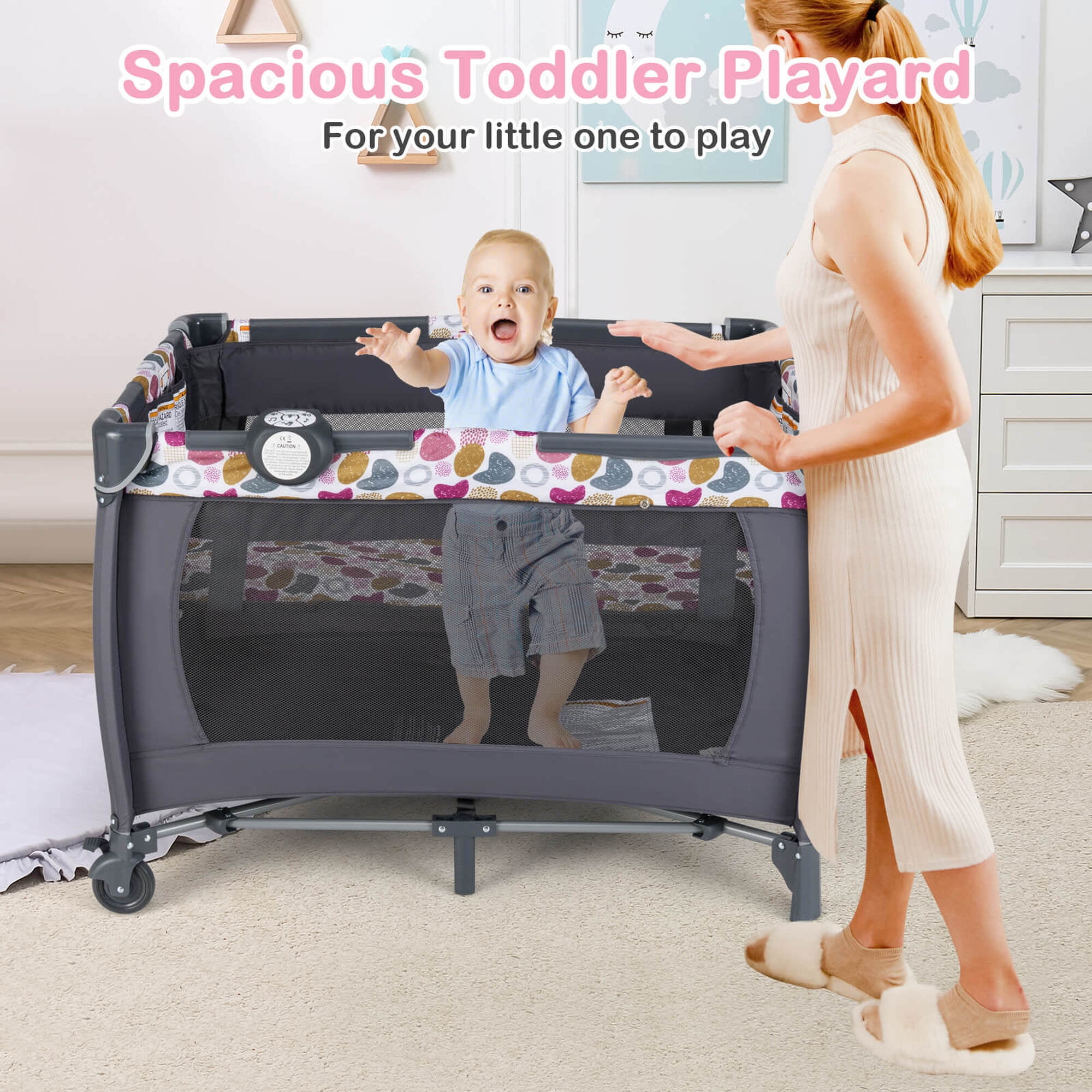 Costway 5 in 1 Bedside Bassinet with Diaper Changer Lockable Wheels & Travel Bag Rose Red