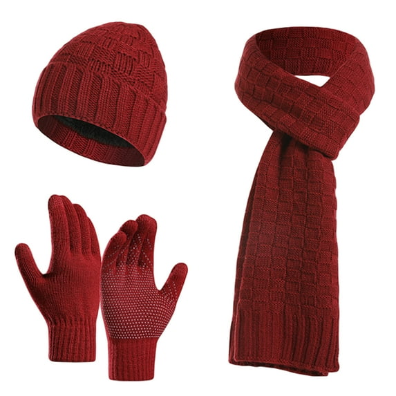 UDIYO 3Pcs/Set Men Scarf Hat Gloves Checkered Thickened Windproof Thermal Pure Color Keep Warm Super Soft Unisex Woolen Yarn Knitted Scarf Hat Full Finger Gloves Kit for Cycling