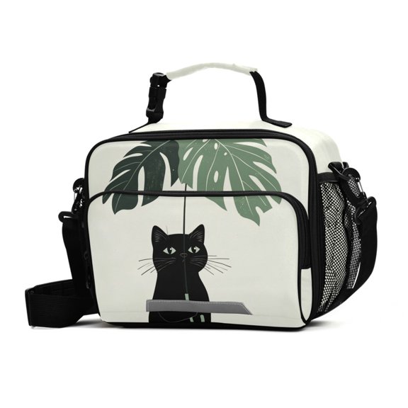 FORMRS Student Insulated Lunch Bag with Shoulder Strap Reusable Cooler Box for School, Black Cat Umbrella