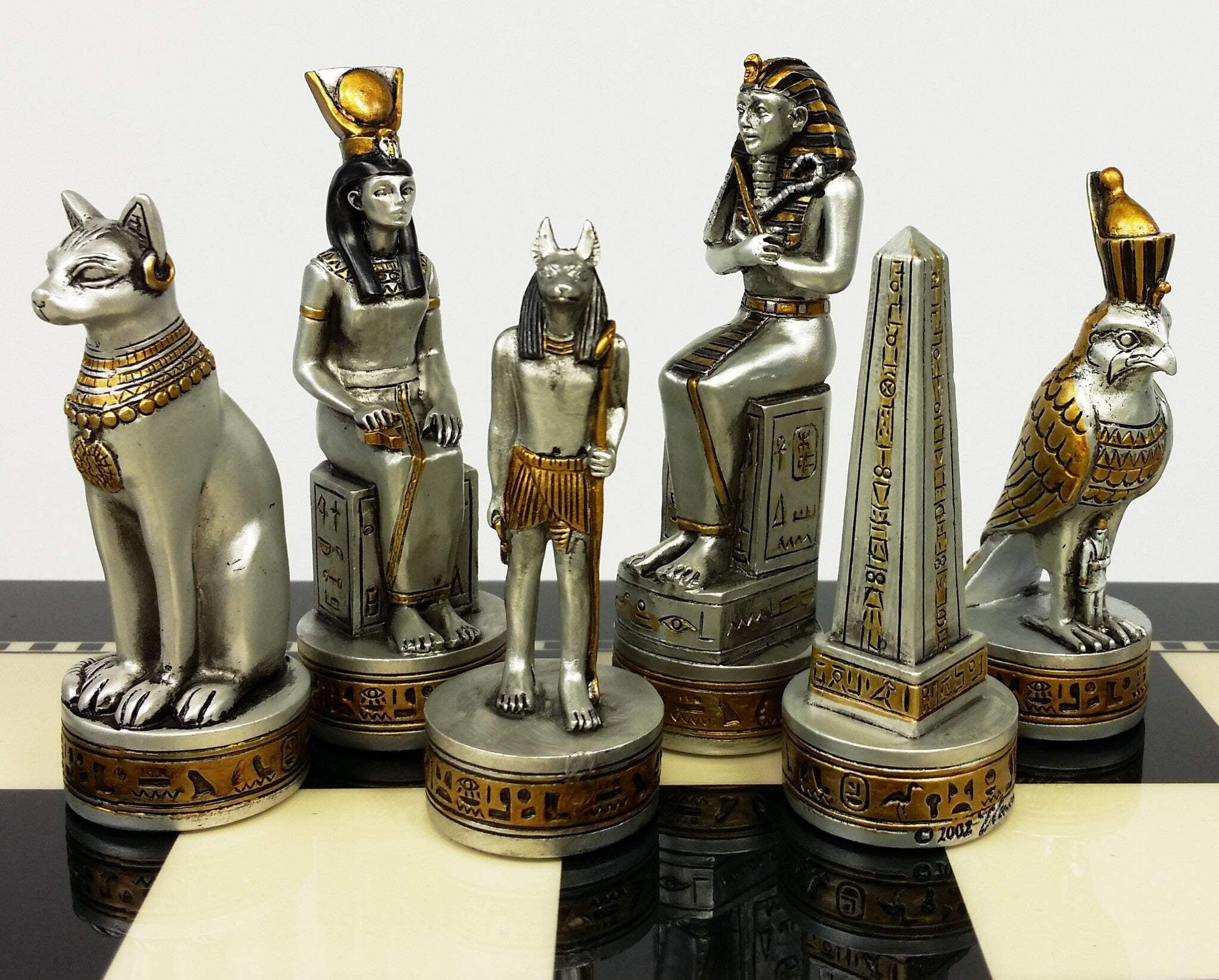 Egyptian Anubis Chess Set Black Silver  Gold W/ 15" Black  White Gloss Board