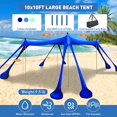 thumbnail image 2 of Beach Tent Sun Shelter 10x10ft Canopy Easy Pop Up Shade Portable UPF50+ with 8 Sandbags-2 Sand Shovel-4 Aluminum Poles-Ground Pegs for Outdoor Family Camping Fishing Backyard Picnic, 2 of 5