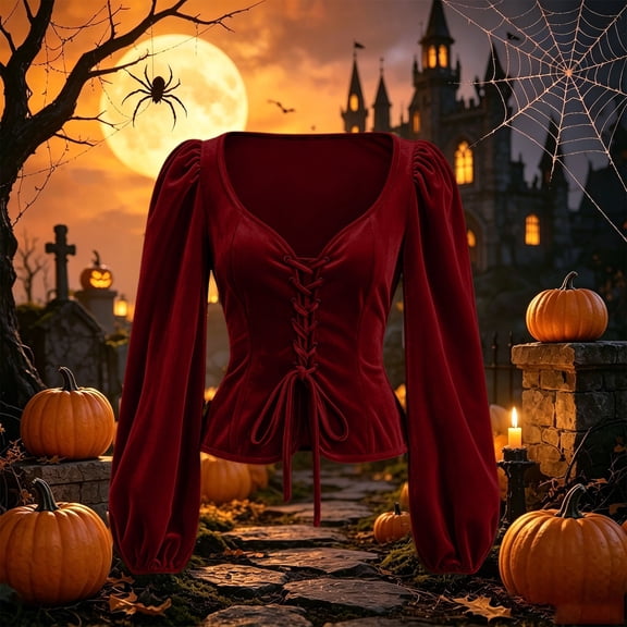 JOANKDMI Gothic Vampire Lace-Up Corset Top Women Elegant Puff Long Sleeve Sweetheart Neckline Blouse for Roleplay Renaissance Fair Halloween Costume Outfit