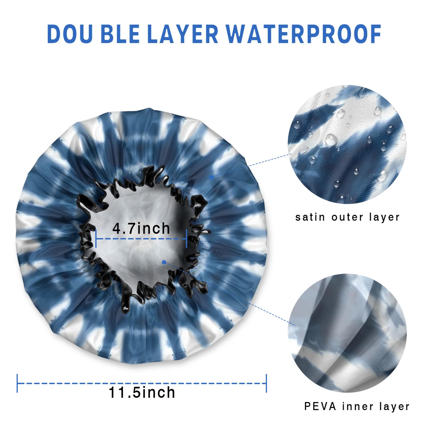 Shower Caps,Blue Tie Dye Flower Mandala Pattern Waterproof Shower Cap for Women 4 Pieces,Double Reusable Hair Cover for Shower PEVA Elastic Stretch Hem