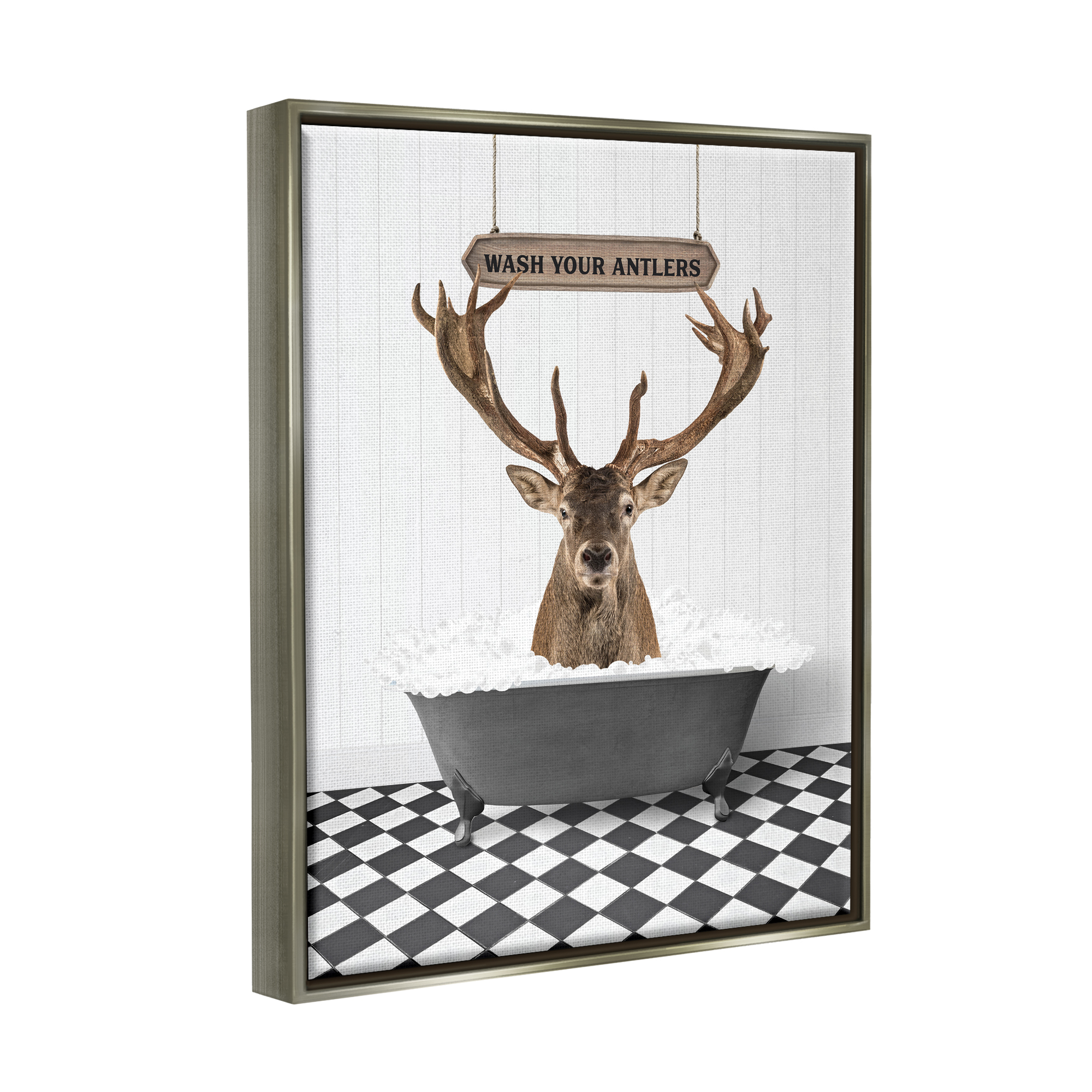 Stupell Industries Wash Your Antlers Phrase Animals & Insects Painting Gray Floater Framed Art Print Wall Art, 25 x 31