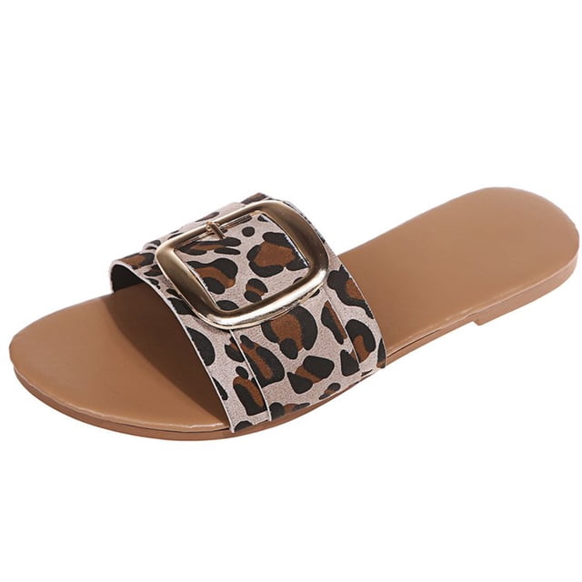 Amzcrzy Zapatos de mujer,Zapatos de mujer,Zapatillas de mujer, Sandalias y pantuflas planas con estampado de leopardo para mujer con hebilla de metal Sandalias Mujer Zapatillas De Casa