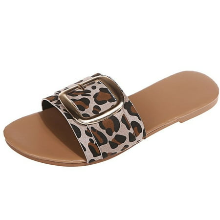 

YanHoo Women s Flat Sandals Open Toe Metal Buckle Leopard Print Slip-on Sandal Ladies Summer Casual Beach Slippers