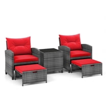 GVN Backyard Furniture Sets,Outdoor Furniture Sets,5 Piece Patio Rattan Furniture with 2 Ottomans and Tempered Glass Coffee Table-Red