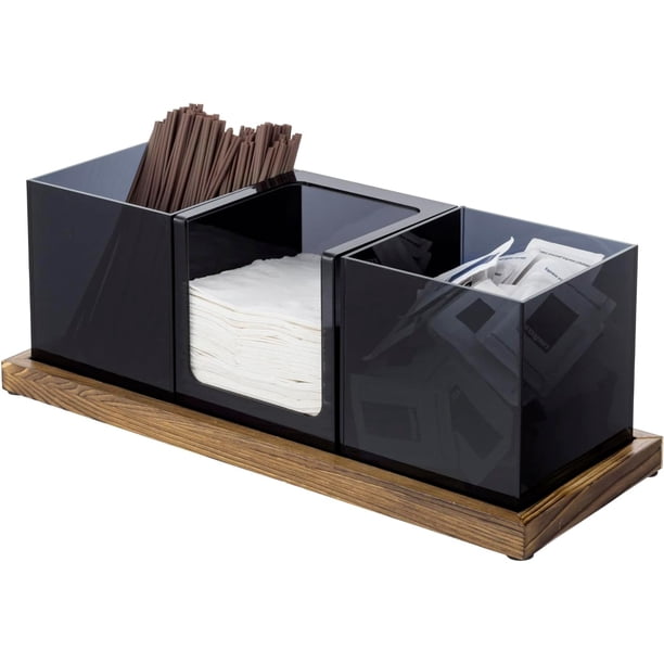 Organizador para condimentos de café y té con 3 compartimentos extraíbles, hecho de acrílico negros translúcido y bandeja decorativa de madera maciza, juego de 4 piezas