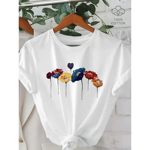 [1pc Cotton T-Shirt] 1pc Women's 100% Cotton Floral Print Short Sleeve T-Shirt | Black with Vibrant Flower Design, Casual Spring/Summer Top, Machine Washable