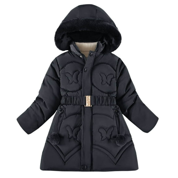 hoksml Big Girls (5-11 yrs) Winter Coat with Large Fuzzy Hood and Bow Print Fleece Lined Tapered Waist Puffer Jacket Thick Warm Quilted Coat