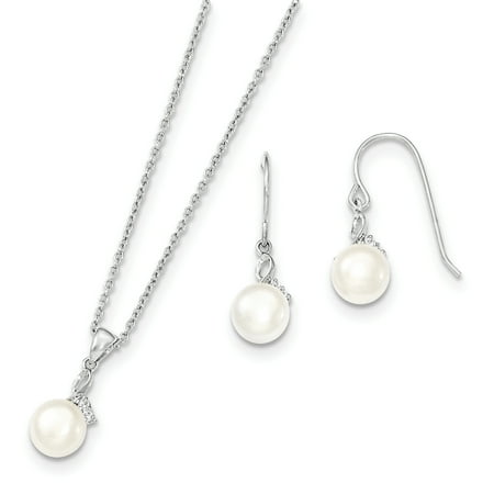 - 925 Sterling Silver 8mm White Freshwater Cultured Pearl Cubic Zirconia Cz Neck Earrings Set Necklace Pendant Charm Gifts For Women For Her