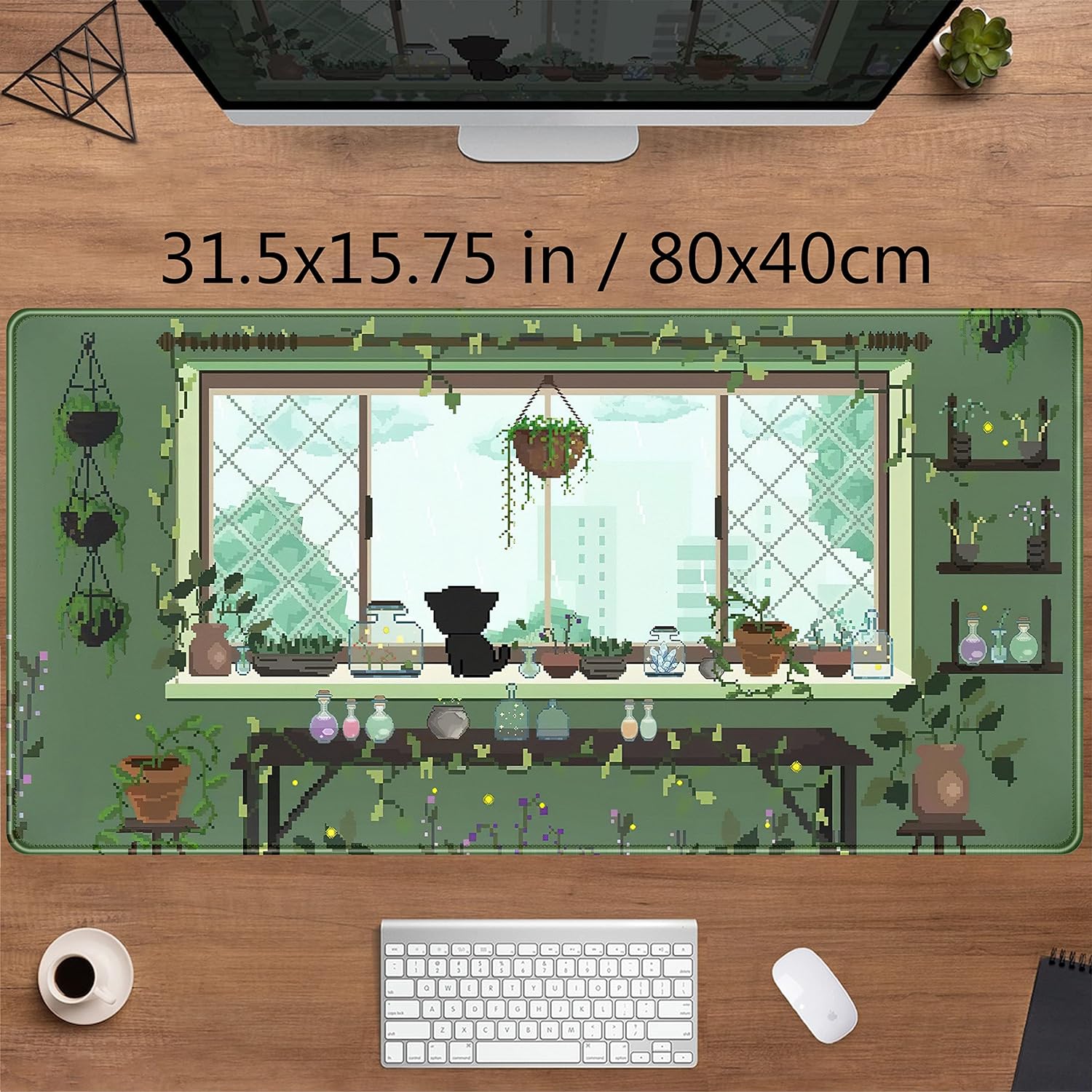 Cute Kawaii Green Plant Desk Mat Anime Aesthetic Mousepad Pixel Art XXL Large Gaming Mouse Pad Laptop Keyboard Mat Desk Pad 31.5x15.75 in, Office Home Decor for Women Girl