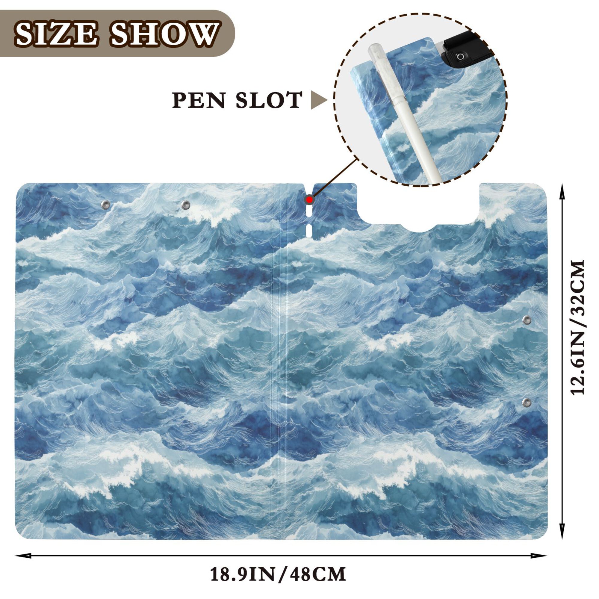 FORMRS A4 Clipboard Folder with Pen Holder Horizontal Foldable School Office Binder, Blue Watercolor Ocean Waves