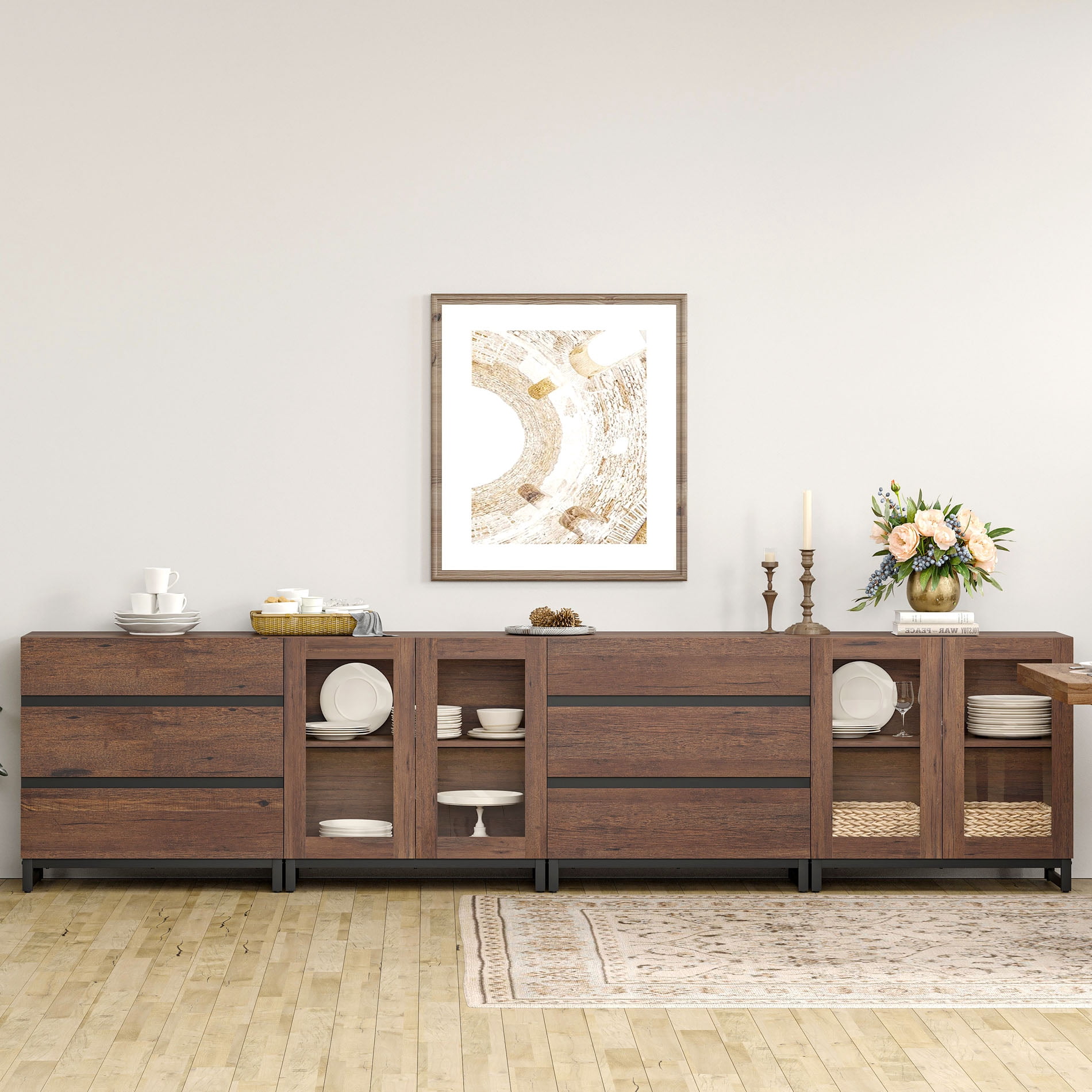 4-In-1 Multifunctional Sideboard Buffet with 6 Drawers, Modern Glass Door Credenza with Adjustable Shelf & Metal Base, Freestanding Coffee Bar Storage Cabinet for Kitchen Living Room,Brown