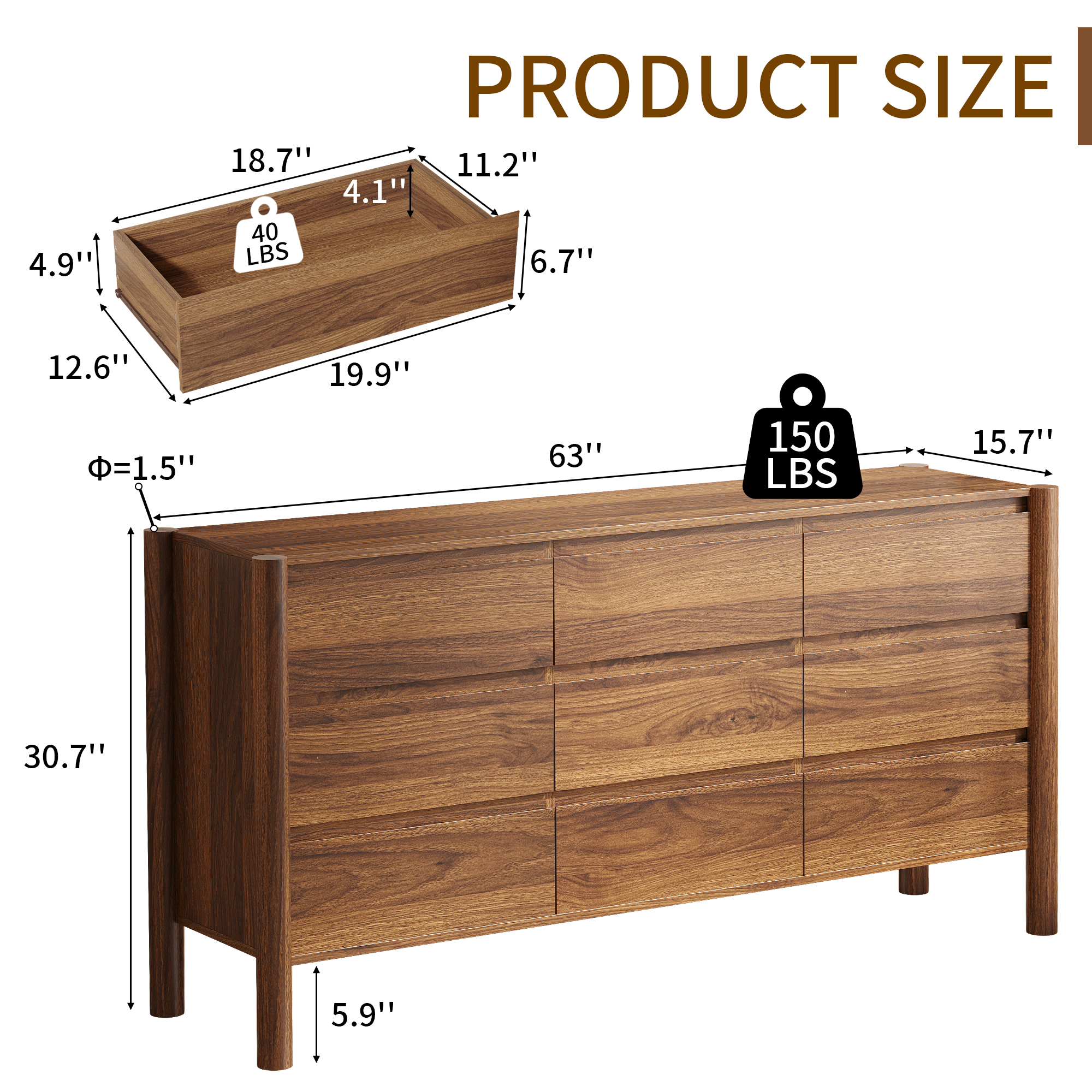 HOUROM Dresser for Bedroom,9-Drawers,63" Wide Farmhouse Large Dressers & Chest,4 Solid Wood Legs,TV Stand, Storage Organizer Furniture for Bedroom(Brown)