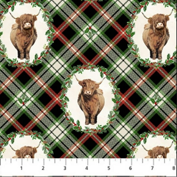 Cotton Highland Heart Highland Cow Plaid Christmas Season Holiday Holly Northcott Cotton Fabric Print by the Yard (DP28047-99)