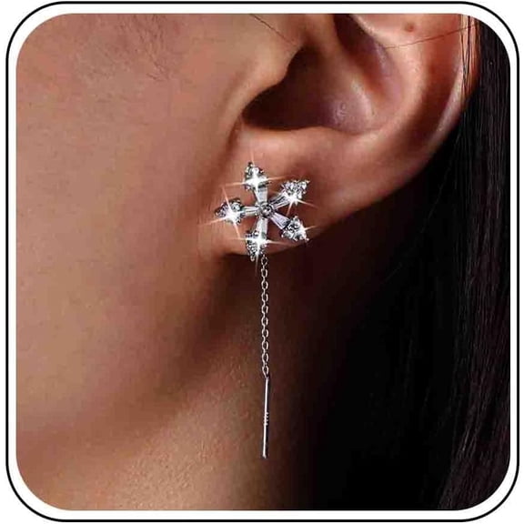 Boho Crystal Flower Threader Earrings Long Tassel Threader Dangle Earrings Gold CZ Flower Earrings Long Chain Pull Through Earrings Jewelry for Women