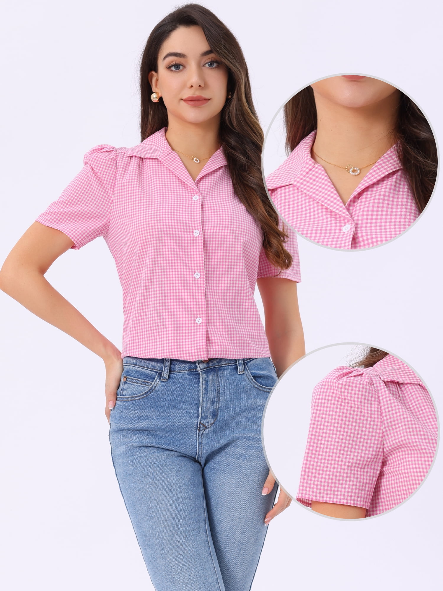 DARING DIVA Women's Plaid Puff Sleeves Gingham Blouse Shirt M Pink White